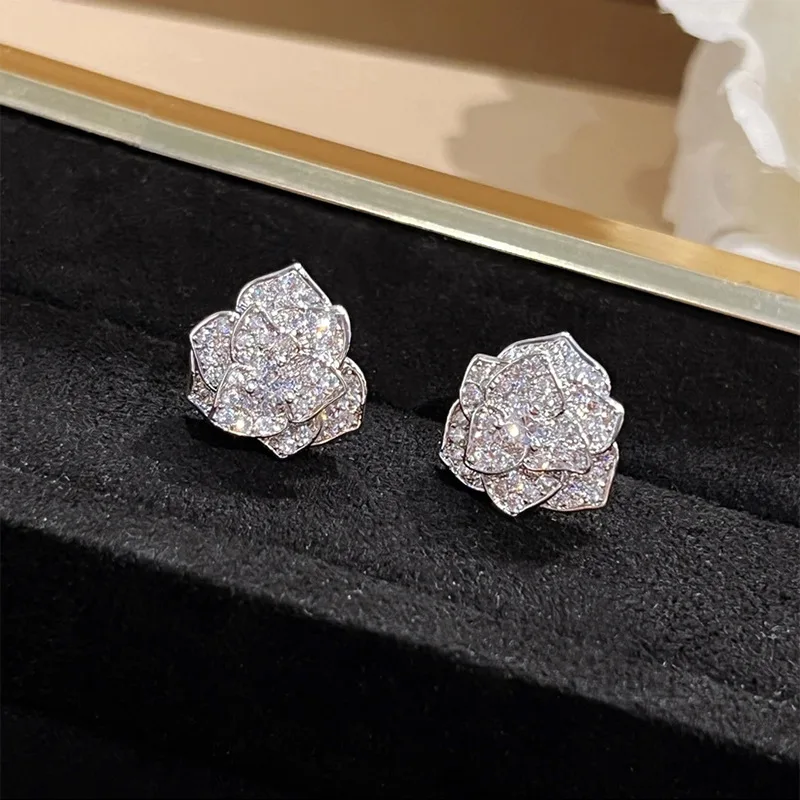 

2023 New S925 Silver Full Diamond Camellia Small Rose Earrings Women's Exquisite Versatile
