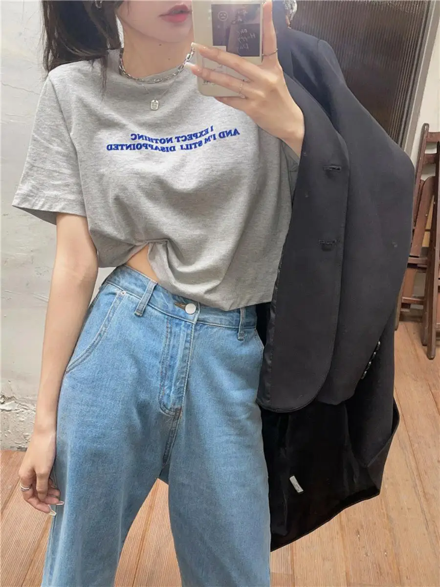 Summer  Loose ort Sve Letter Print Crop Top Women's T-irt Korean Sle Casual Commute round Ne Other Material 00%