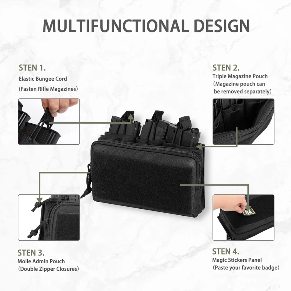 Tactical Triple Magazine Pouch Molle Admin Pouch Open Top Mag Bag Waist Pouch Compact EDC Bag Hunting Mag Holster Bag 3