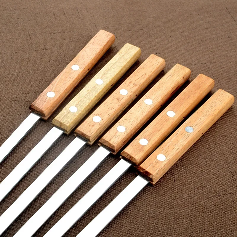 6pcs Stainless Steel Drill Needle Big Wooden Handle Flat Handle Barbecue Widened Extra-thick 42 Cm Sign Commercial Lamb Leg Sign