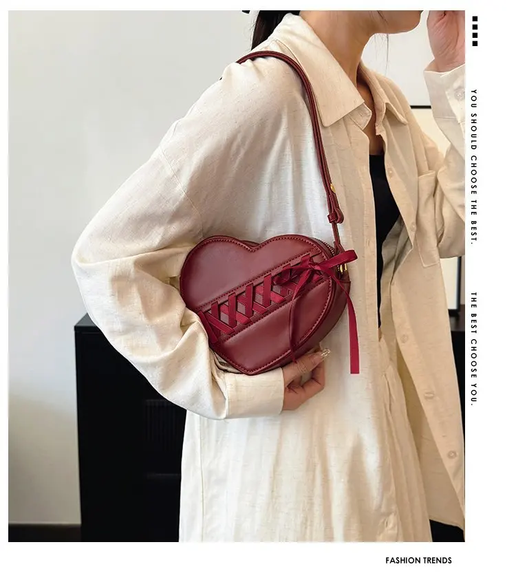 JIAERDI Retro Heart Red Crossbody Bags For Women 2025 Pu Leather Chic Bow Messenger Bag Ladies Retro Sweet Handbag Purse Female