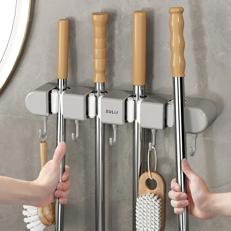 

Perforation-Free Multi-Functional Mop Rack Wall Hanging Items Strong Hook Household Bathroom Broom Mop Clip Storage Rack