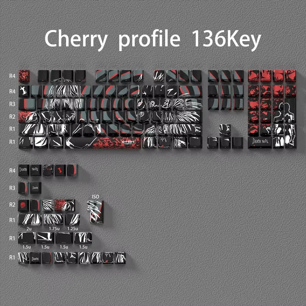 136 키 데스 노트 키캡 체리 프로필 PBT DIY 키캡, 61 68 75/96 MX 스위치 게임용 기계식 키보드 선물