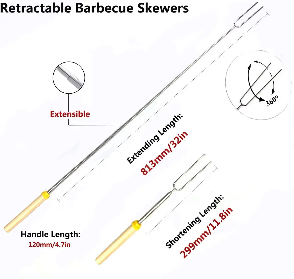 8pcs 32Inch Barbecue Fork Stainless Steel Marshmallow Roasting Stick Telescoping Smores Skewer for Hot Dog BBQ Picnic Camping