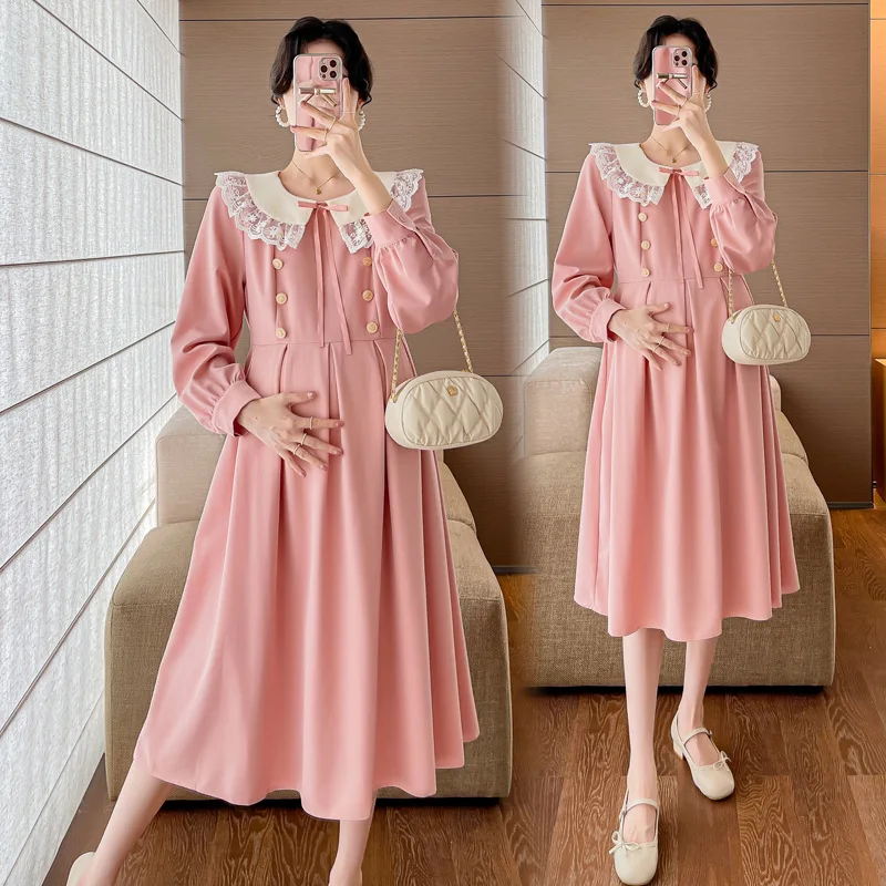 

Maternity Dresses New Spring Autumn Clothes For Pregnant Wome Long Sleeve Lace Doll Neck Slim Dress Pregnancy Dresses