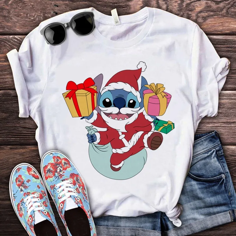 Disney Lilo Stitch Kawaii Christmas Anime T-Shirt Womens Funny Ohana Stitch T-Shirt Graphic Comic T-Shirt Streetwear Tops Womens white t shirt women Tees
