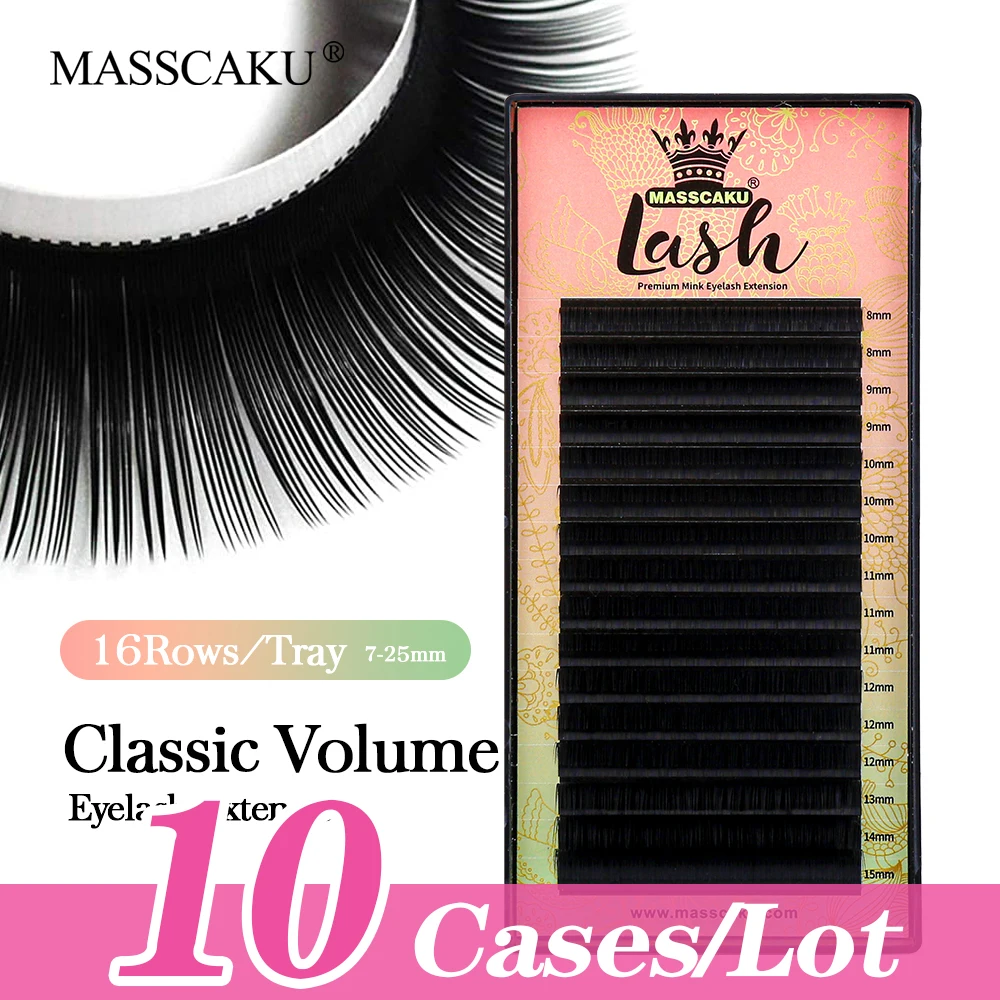 

MASSCAKU 10cases/lot Professional Eyelash Extensions Classic 16 Lines C/D Curl 8-16mm Natural Long Faux Mink Lashes Makeup Tools