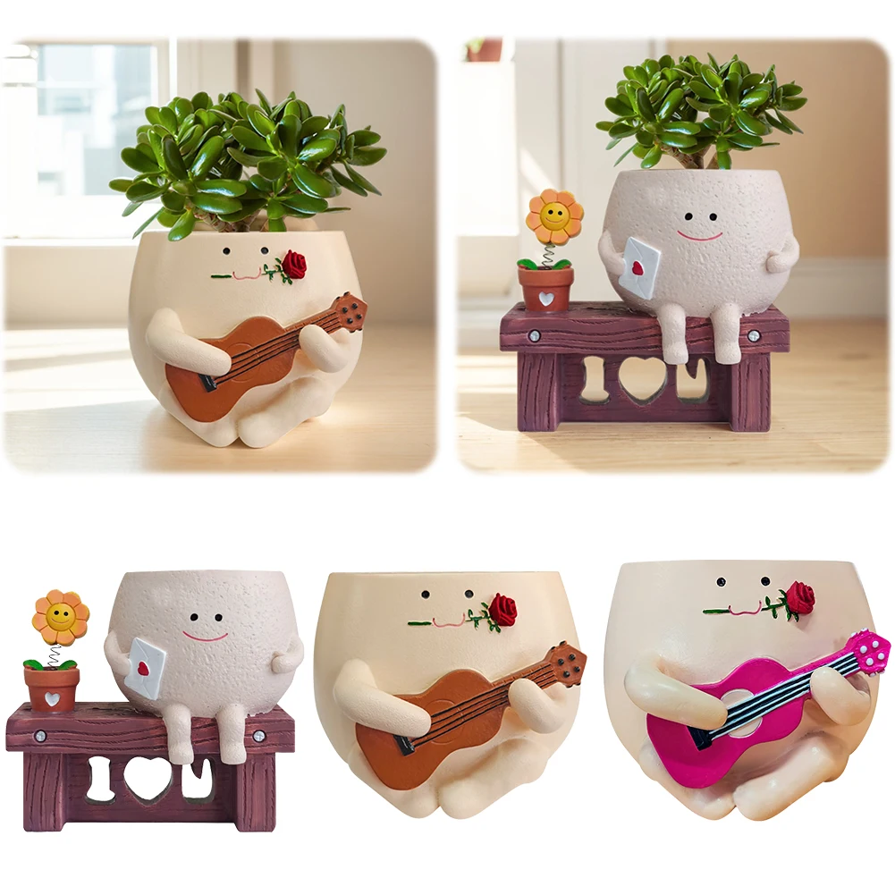 Unique Sit Long Chair Succulent Pots Resin Funny Ukulele Planter Smile Face Sunflower Pot for Indoor Outdoor Plants