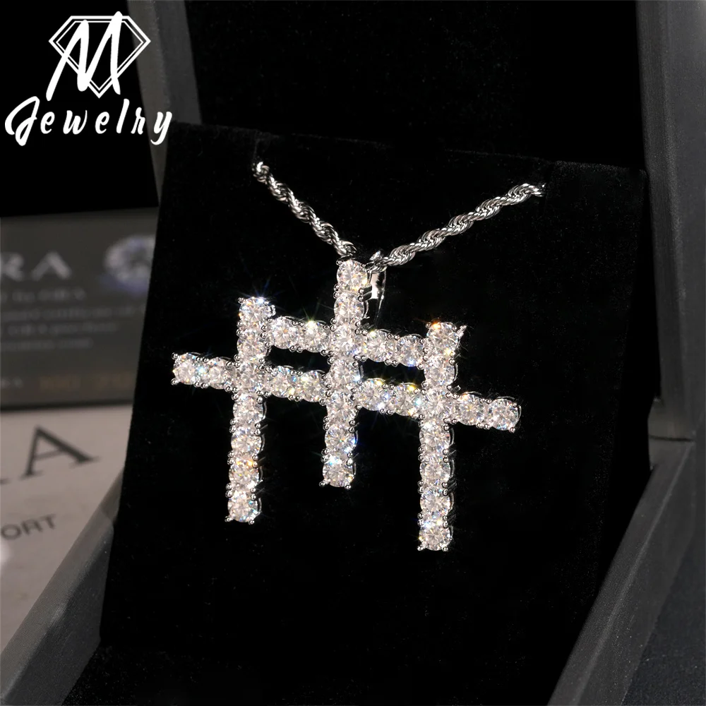 Fashion Rapper Man Jewelry Iced Out Hip Hop VVS Moissanite Diamond Three Cross Pendant Necklace Stock