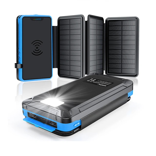 Foldable Solar Power Bank 20000mAh with 3 Solar Panel Qi Wireless