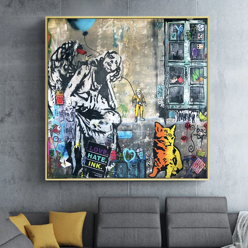 

Abstract Art Graffiti Street Art Love Hate Ink Cat Canvas Art Posters and Prints Pop Painting for Living Room Home Picture Decor