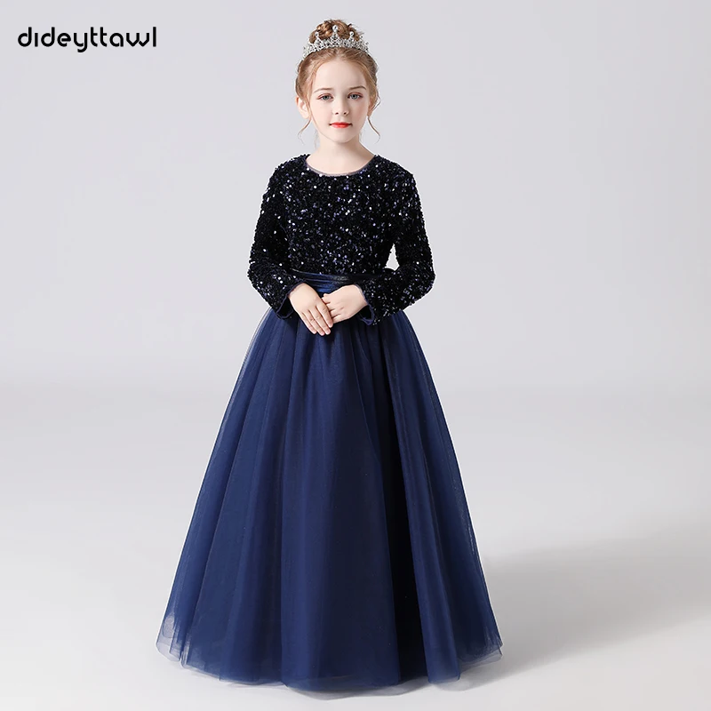 Dideyttawl Glitter Sequins Long Sleeves Flower Girls Dresses For Wedding Tulle Birthday Party Christmas Dress For Girl