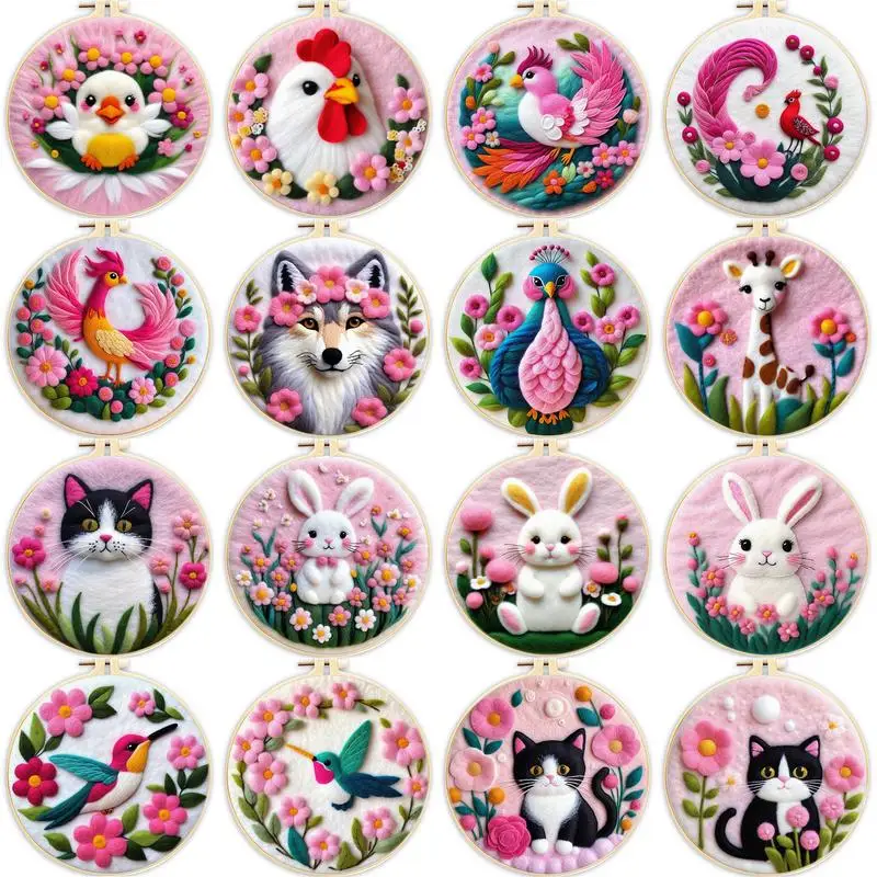 Needle Felting Painting Kits Beginners Pink Animal DIY Wool Needle Felting Kit With Embroidery Home Decors DIY Gift wool felting kit needle felt kit