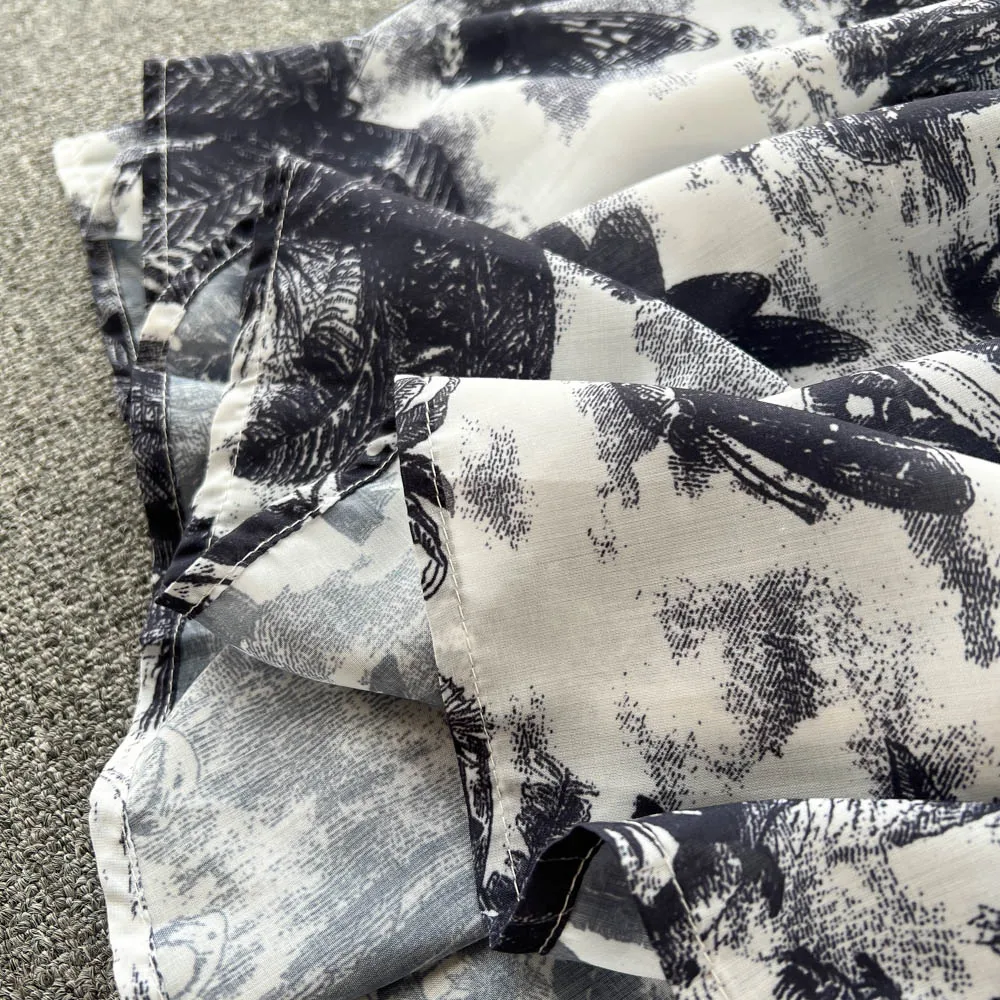 Vintage Tie Dye Print Shirt Dress Women Elegant Summer High Waist Slim A Line Printed Chiffon Long Robe Ladies Casual Long Robe