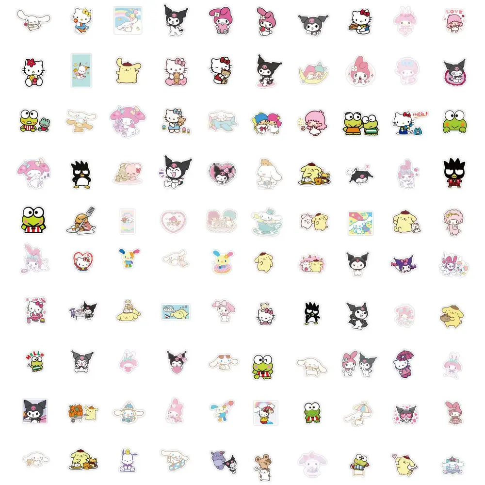 Cartoon Stickers 100pcs Hellokitty Sanrio Cartoon Kawaii Kuromi My Melody Sticker for Scrapbooking Stationery Waterproof for Laptop Kid's Gift