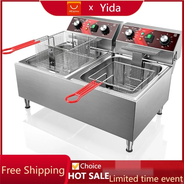 EGGKITPO Deep Fryers Stainless Steel Commercial Deep fryer with Timer Dual  Tank Electric Deep Fryer with 2 Baskets Large Capacity 10L X 2 Electric