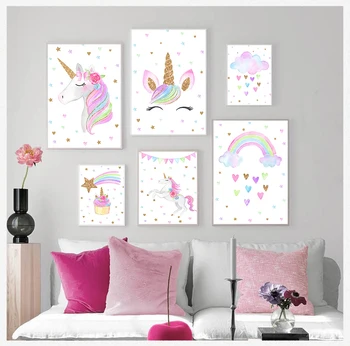 Simpatica tela pittura decorazione nordica immagine bambini arredamento camera da letto per bambini arcobaleno unicorno stampe d'arte da parete poster per la scuola materna del bambino