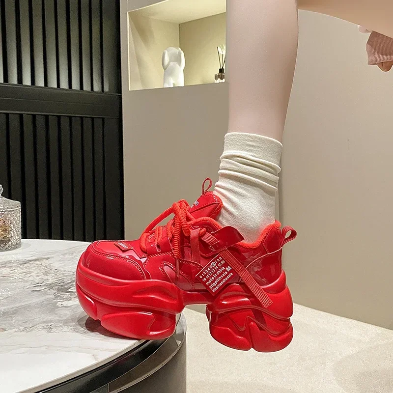 New Women Spring Autumn Chunky Sneakers 8CM Thick Bottom