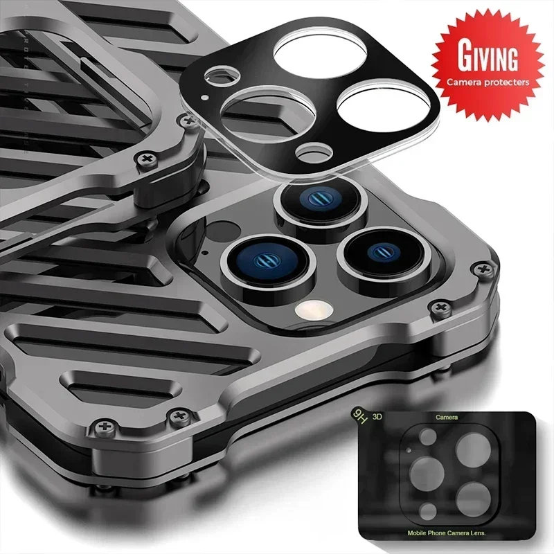 Heavy Armor Metal Case For iPhone 15 14 Plus 13 12 Pro Max Hollow Heat Dissipation Drop Shockproof Cover Camera Lens Protection