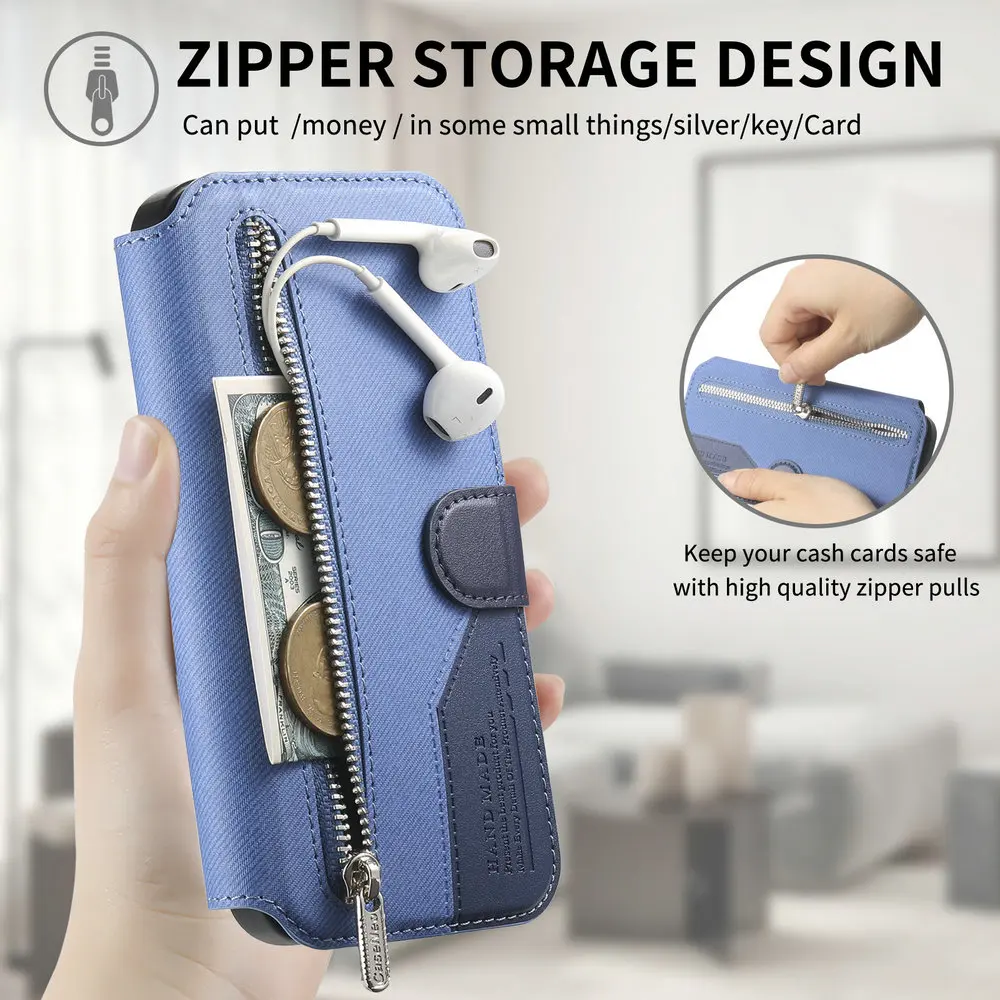 Detachable Zipper Leather Wallet Flip Case with Magnetic Closure