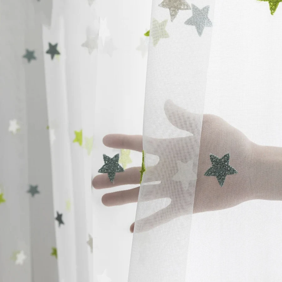 Green Mesh Towel Embroidery Star Window Screen Tulle For Living Room Children Cartoon Curtains Balcony Bedroom Sheer Drapes