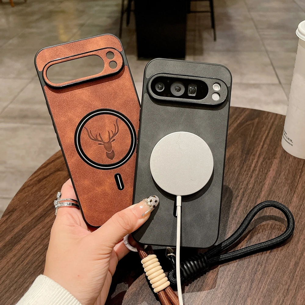 Cartoon Deer Leather Case with Wristband and Wireless Charger Cover