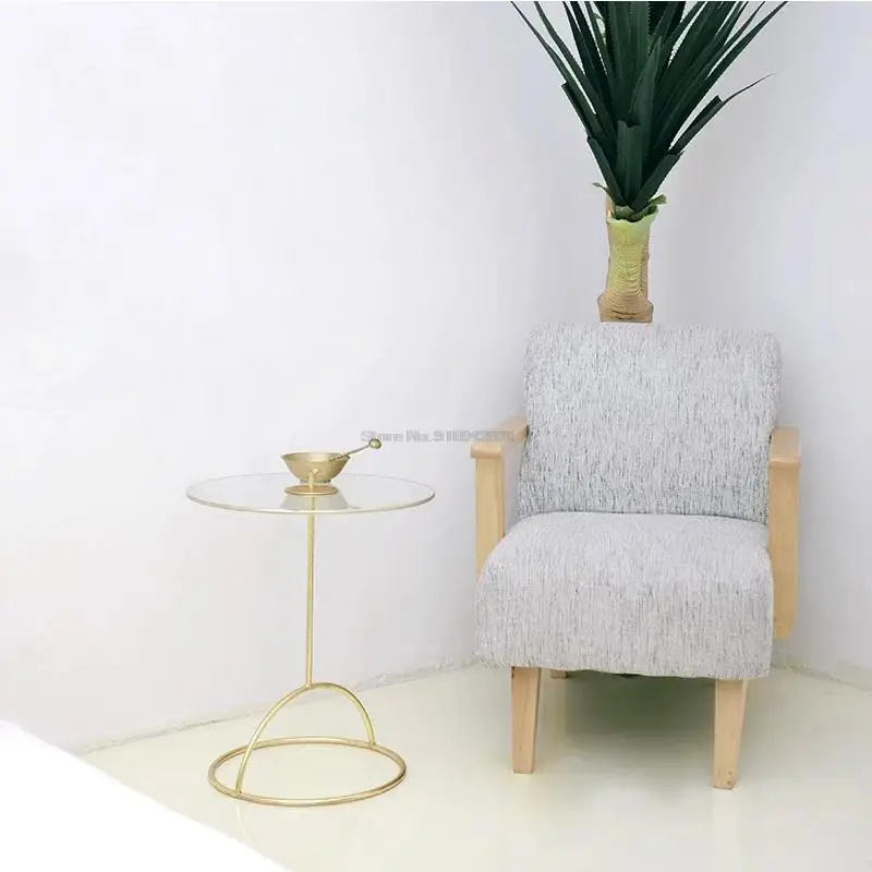 Simple Household Golden Round Table Tempered Glass Small Coffee Table Electroplating Process Movable Sofa Side
