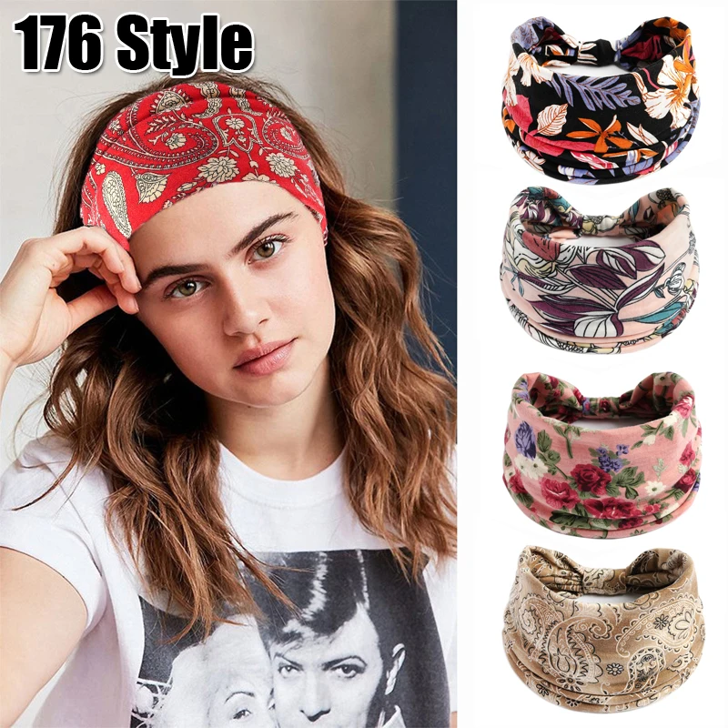 Bohemian Bandanas Elastic Hair Bands Yoga Headband Women Headwear Print Vintage Cross Unisex Scrunchies Hair Accessories Floral 3d embroidered summer jeans men quarter shorts slim raw edges 1977 cotton loose american style worn out straight unisex cross 24