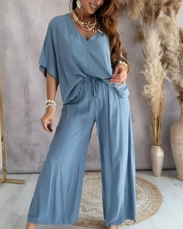 2024Summer Women Two Piece Set Casual Loose Fashion V-neck Pants Elegant Batwing Sleeve Homewear Outfits 2 Piece Sets for Female