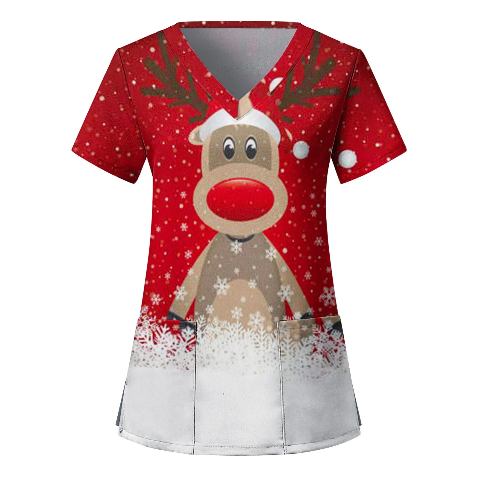 Nurse scrubs top Nurse Uniform Scrubs Women Christmas Print Short Sleeve V-neck Tops Working Uniform Medical Nursing Xmas Workers Scrubs Workwear