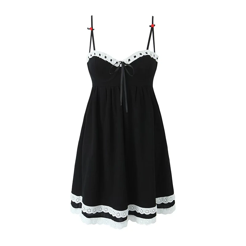 Babydoll Overall Lacy With Back Cross Strips Dress - Black