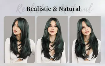 7JHH WIGS 25 Inch Highlights Green Wig with Bangs Long Wavy Hair Wig for Women Daily Party Natural Synthetic Layered Wigs 22