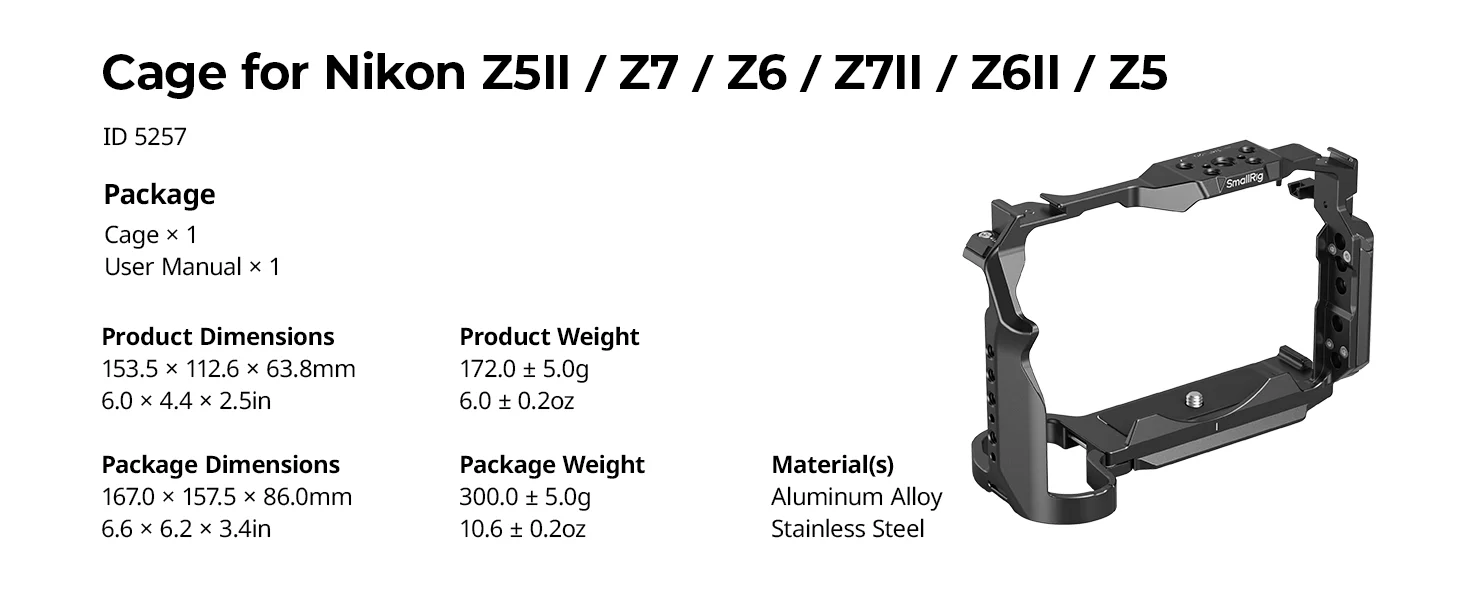 Cage for Nikon Z5 II/Z5/Z6/Z6II, Z7/Z7II with HawkLock Arca-Swiss Quick Release