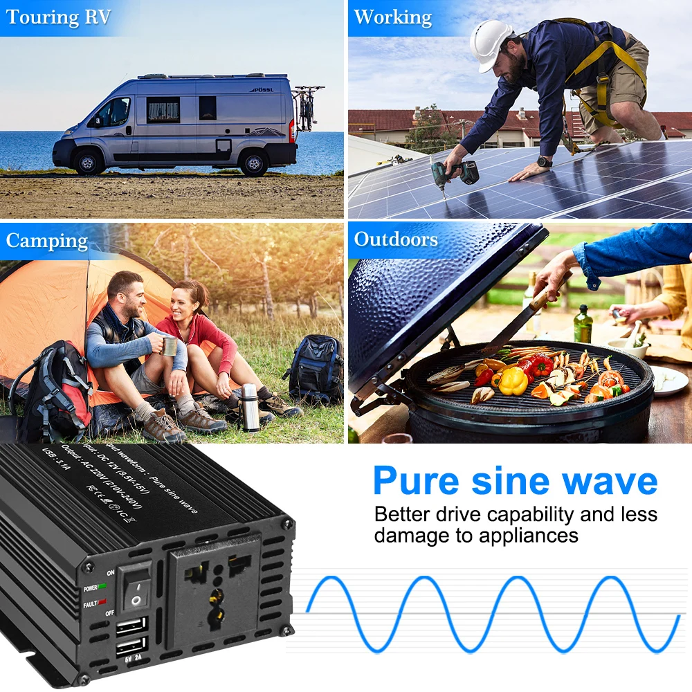 Car Inverter Pure Sine Wave 1000W 1500W 2200W 2600W DC 12V To AC 220V Adapter Converter 3.1A Dual USB EU/Universal
