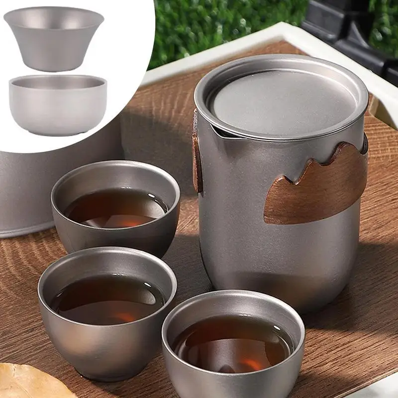 

Titanium Tea Ceremony Set Outdoor Camping Tableware Set Coffee Pot Double Layer Tea Kettle Camping Hiking Picnic Supplies