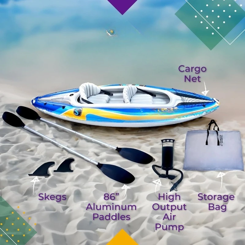 S94338135e270484595021d12cb9153adq 2-Person Inflatable Kayak with Aluminum Oars (136" x 33"), High Output Air Pump and Storage Bag Mallzona