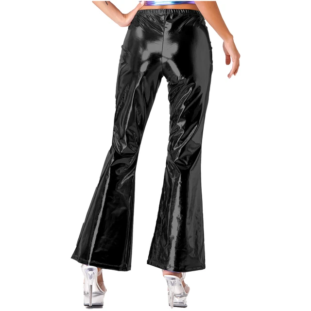 Womens Exotic Pants Shiny Metallic Disco Pants Mid Waist Bell