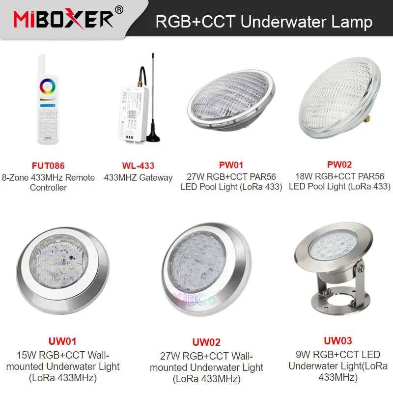 MiBoxer 9W/15W/18W RGB+CCT Wall-mounted Underwater Lamp IP68 underwater 27W PAR56 LED Pool Light AC12V/DC12-24V;433MHz Gateway