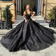 Sexy Illusion O-Neck Backless Evening Dress With Side Split A-Line Beach Sleeveless Prom Gown Sparkle Sweep Train Robe De Soirée