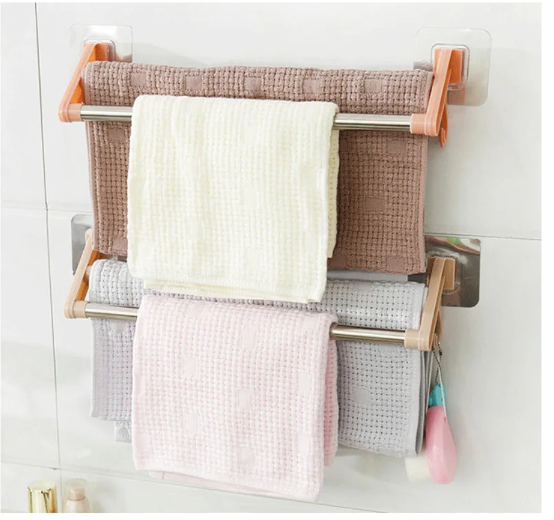 1PC Stainless Steel Double Rod Towel Bar Wall Mounted Traceless Towel Rack Bathroom Space Saving Punch-Free Storage Shelf