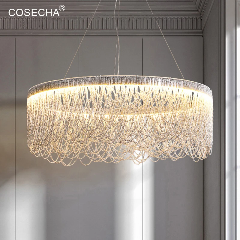 

Aluminum Chain Tassel Chandelier Silver Living Room Hanging Led Round Chandeliers Modern Fringe Pendant Lights Bedroom Kitchen