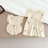 Korean Style Summer Girls' Lace Flying Dress Embroidered Floral Childrens Princess Dresses Charming Baby Bodysuit Sister Outfits 4