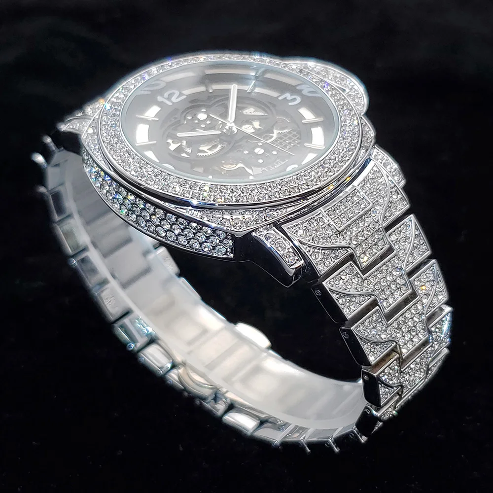 Relógio Mecânico High End para Homens Aço Prateado Oco Auto Relógio Diamante de Luxo Hip Hop Relógios Impermeáveis Dropshipping Novo - Image 4