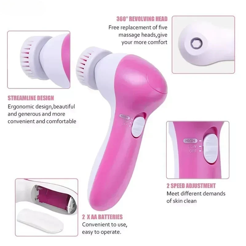 Facial Cleansing Brush Acne and Blackhead Removal Tools Facial Cleanser Massager 5 in 1 Facial Cleanser Pore Cleanser Face Massager Deep Electric Cleansing Brush Pore Cleaner Blackhead Remover Skin Beauty Care