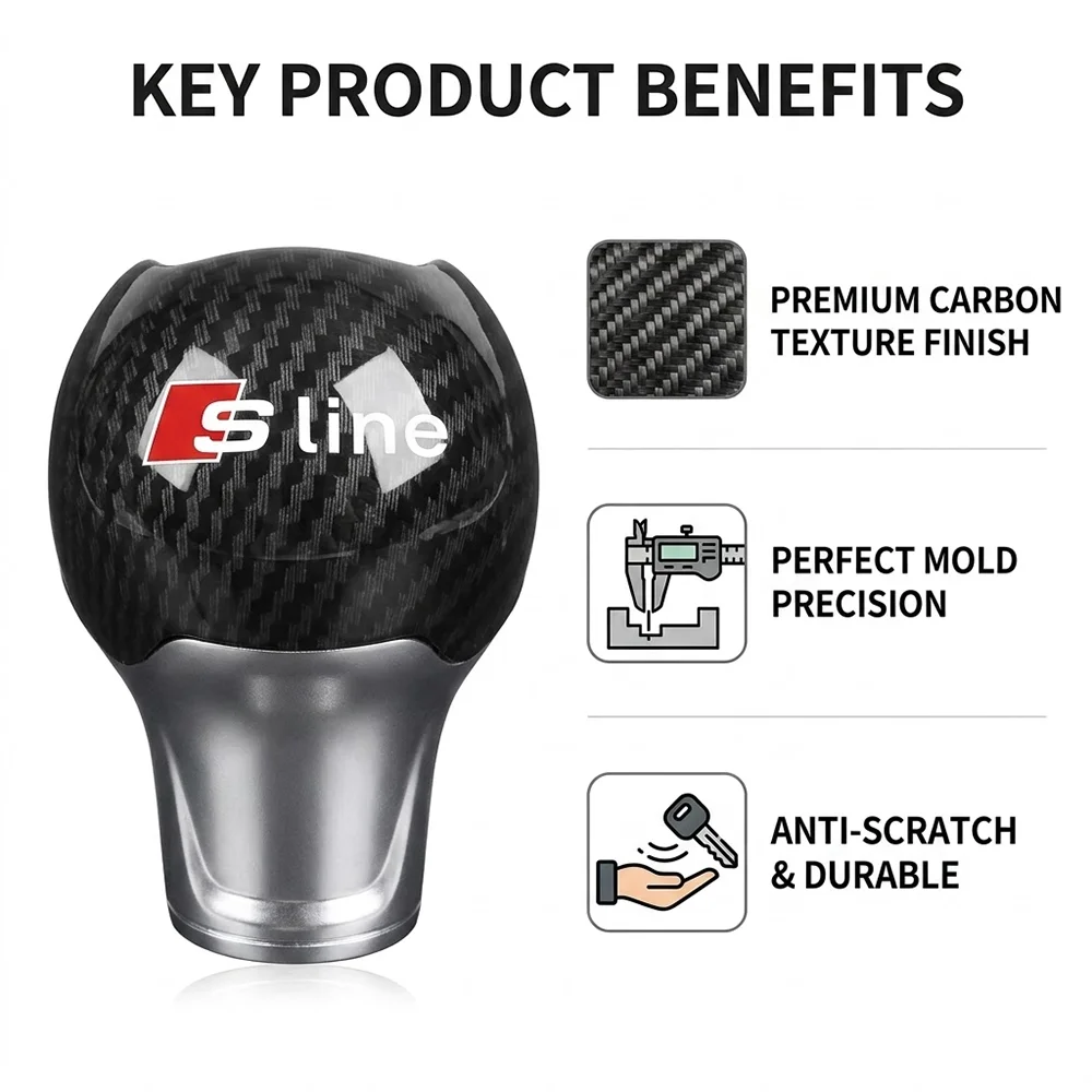 카본 파이버 기어 변속 노브 로고 S라인 자동차 변속 레버 헤드 기어 폴 (아우디 A3 A4 A5 A6 A7 Q3 Q5 Q7 S5 S6 S7 SQ5 SQ7 RS4 RS5 용)
