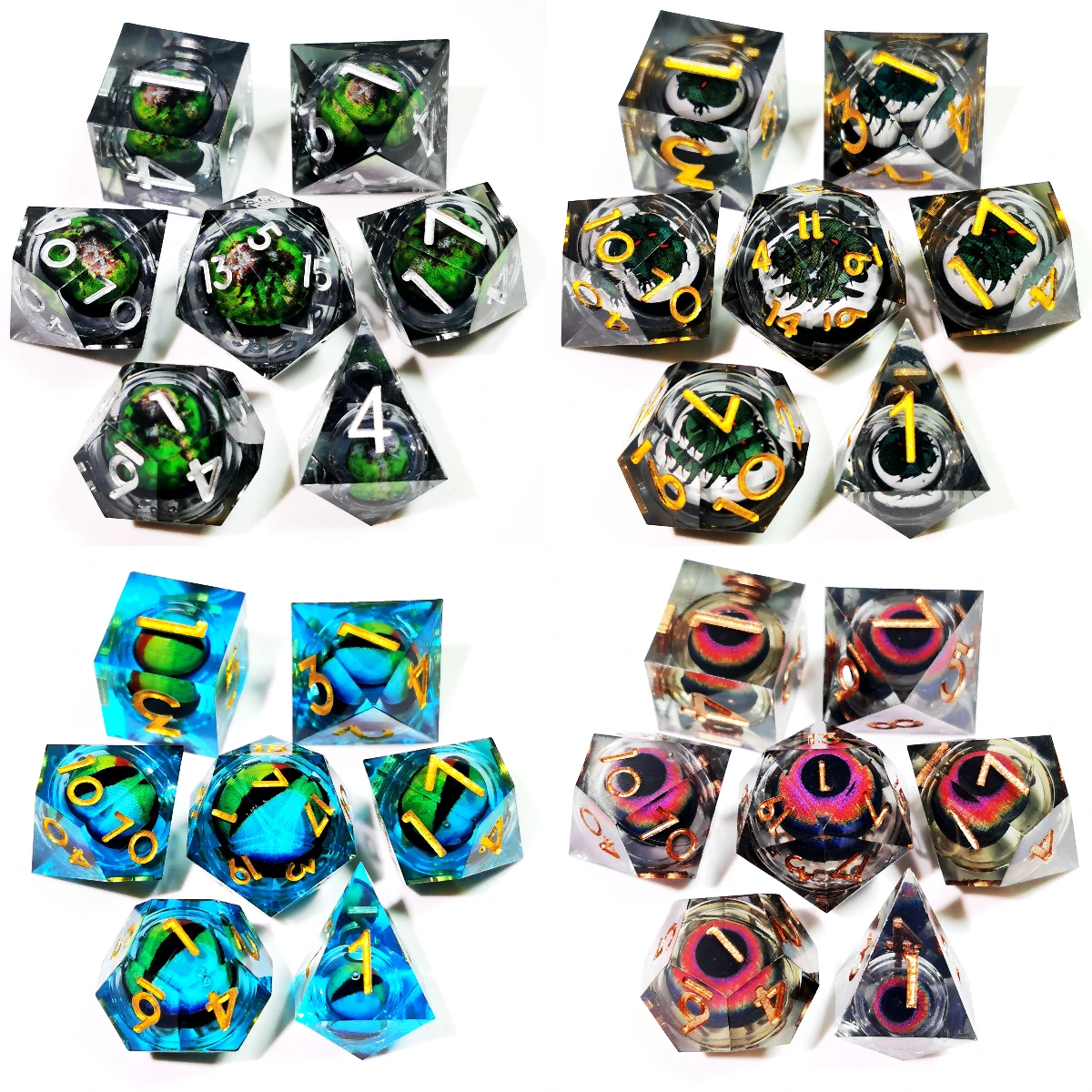 DND Dice Set - Sharp Edge Resin Dice with Spinning Dragon Eye Core, 7 Piece Polyhedral D&D Dice for RPG Games (Crystal Clear) 6
