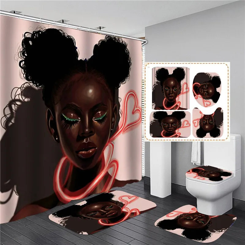 

Black African American Women Print Shower Curtain Set Waterproof Bathroom Curtains Anti-slip Soft Bath Mat Toilet Rugs WC Carpet