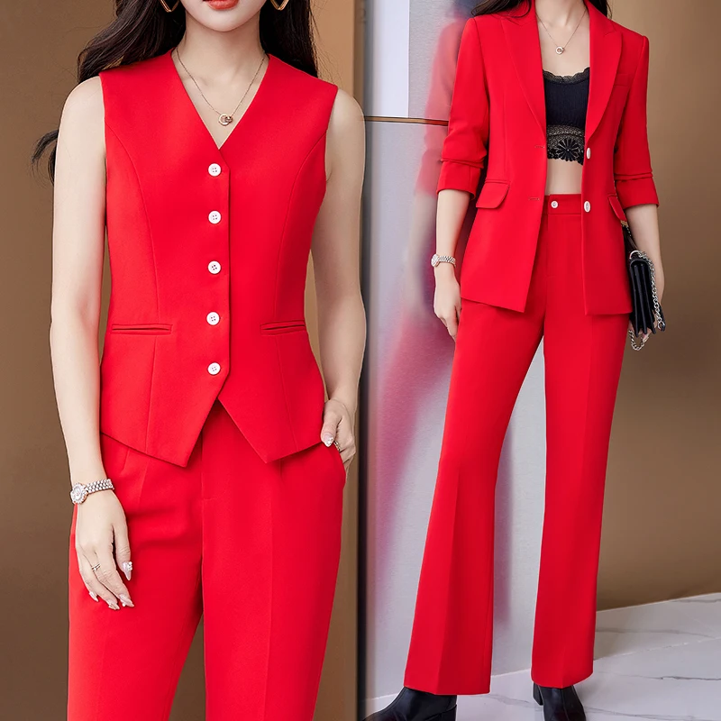 High Quali Spring Formal Ladies Red Blazer Women Business Suits with Sets Work Wear Office Uniform XL Wide leg Pants Vest Jacket