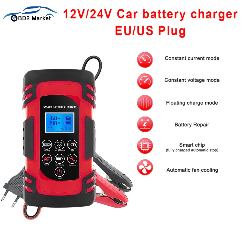 Jfind 12V/24V Fully Automatic Battery Charger Smart Battery Pulse Repair Tools Lead Acid Charger LCD Digital display car battery accessories