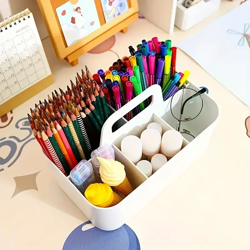 Plastic Storage Basket With Handle Desk Pencil Holder 5-space Stationery Organizer Pen Office Accessories Boxes Desktop School